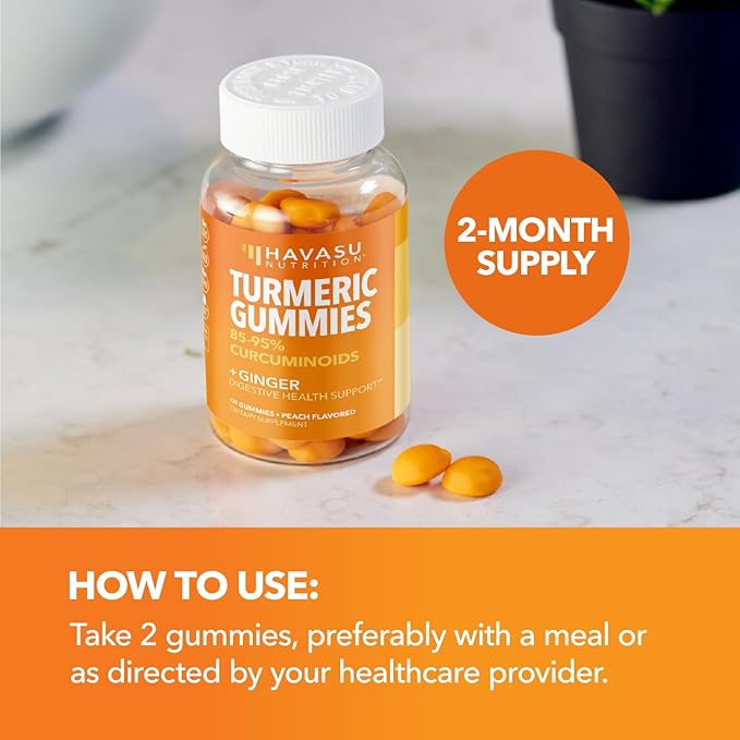 Turmeric Gummies with Ginger Root Extract - Digestive Health and Immune Support Supplement for Overall Wellness - 120 Count - Vegan Non-GMO Curcumin Vitamin - Peach Flavor 2 Month Supply