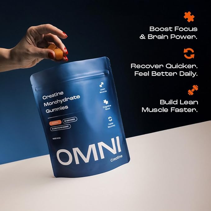 Creatine Monohydrate Gummies - Supports Muscle Growth Recovery &amp Brain Function - Convenient &amp Easy to Take - Great Tasting Peach Flavor - 1g per Gummy Low Sugar - 90 Count (Peach)