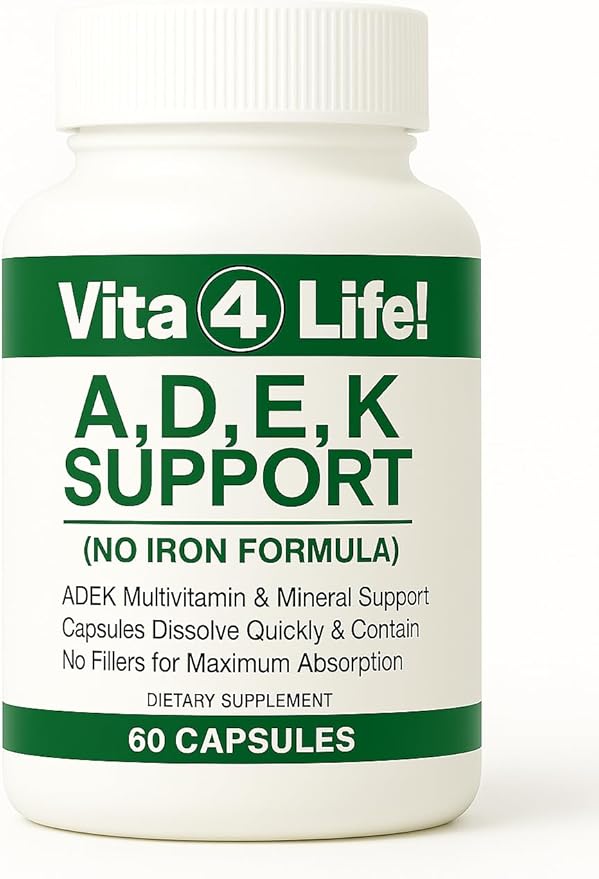 Vita4Life!® ADEK Fat Soluble Vitamins A D E K - High Absorption Bariatric Multivitamin - No Iron Formula with B-Complex &amp Calcium - 60 Fast Dissolving Capsules for Post Surgery &amp General Healt