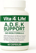 Vita4Life!® ADEK Fat Soluble Vitamins A D E K - High Absorption Bariatric Multivitamin - No Iron Formula with B-Complex &amp Calcium - 60 Fast Dissolving Capsules for Post Surgery &amp General Healt