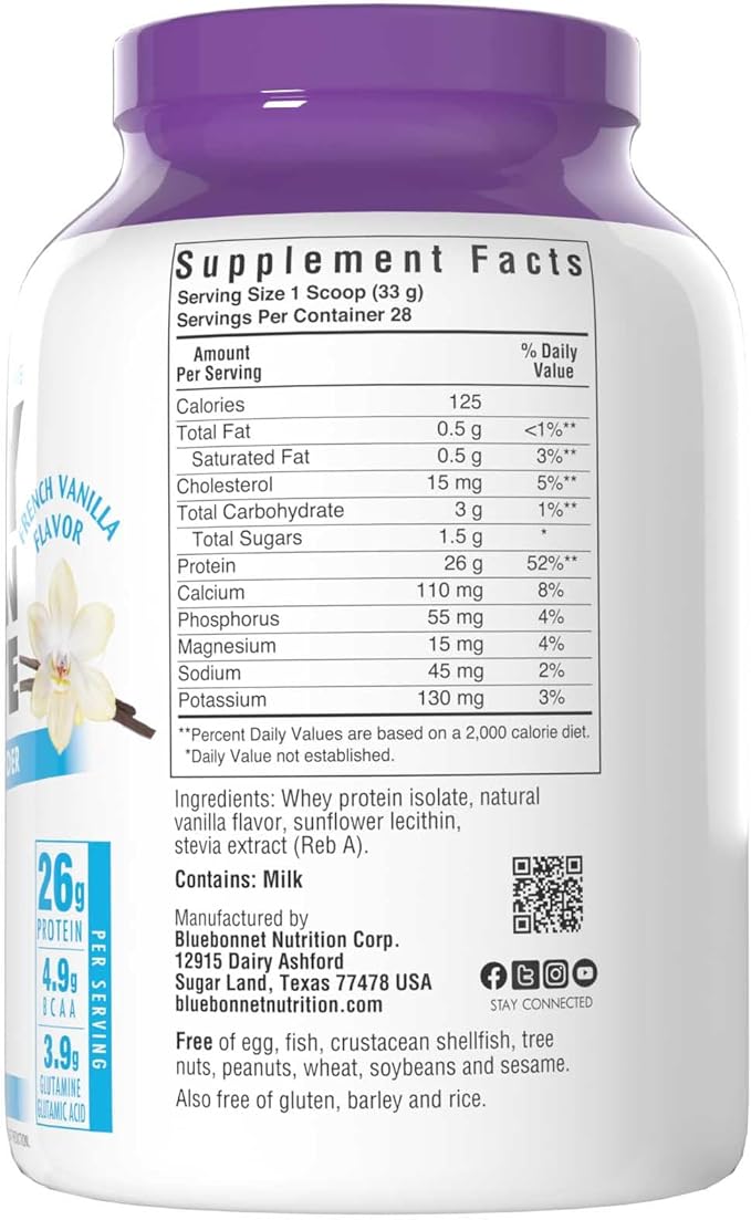 BlueBonnet Nutrition Whey Protein Isolate Powder From Grass Fed Cows 26g of Protein No Sugar Added Gluten &amp Soy free kosher Dairy 2 Lbs 28 Servings French Vanilla Flavor