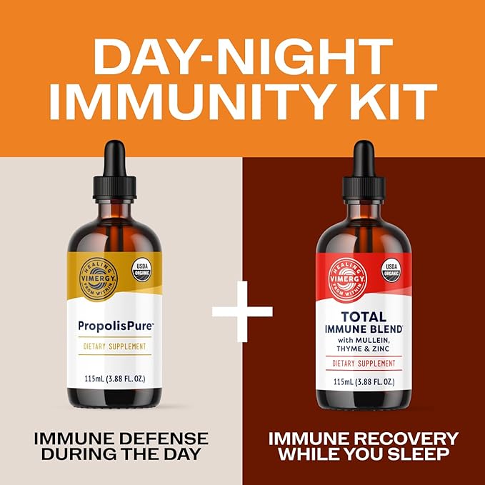 Vimergy Day-Night Immunity Kit* – 2-Part Liquid Supplement Kit with PropolisPure® &amp Total Immune Blend* – Fast-Absorbing 2 x 115ml – 2 x 57 Servings – Support Immune and Respiratory Defense Syste