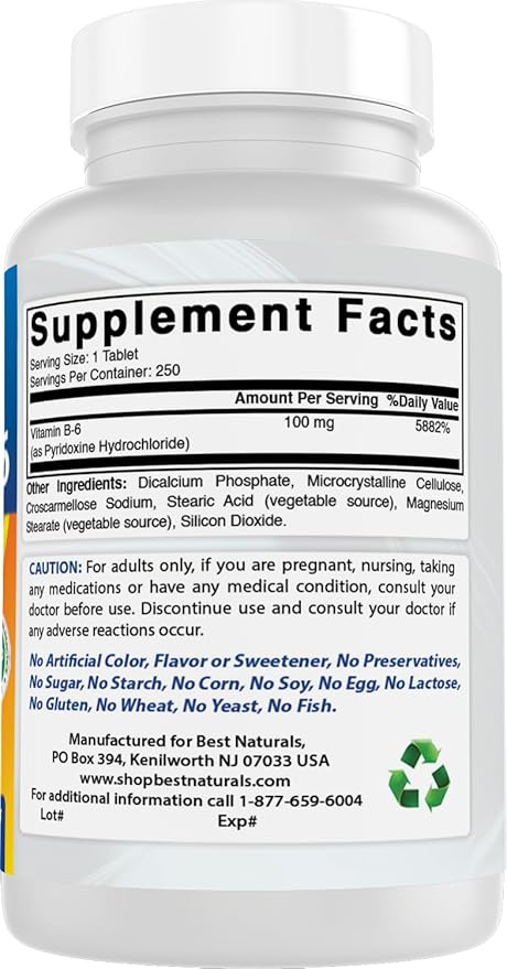 Best Naturals Vitamin B-6 100 mg 250 Tablets (Pack of 3)