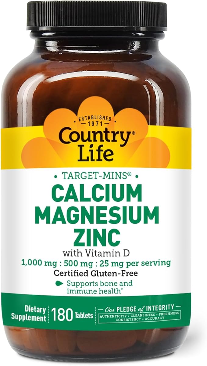 Country Life Calcium Magnesium Zinc with Vitamin D3 and L-Glutamic Acid Dietary Supplement for Bone Support Certified Gluten Free  1000mg/500mg/25mg 180 Tablets