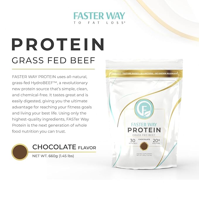 Faster Way - Protein Powder - Hydrolyzed Grass Fed Beef - 20g of Protein Per Serving - Muscle Growth &amp Recovery - 9 Essential Amino Acids - Sugar Gluten &amp Dairy Free - Non-GMO -Chocolate -30