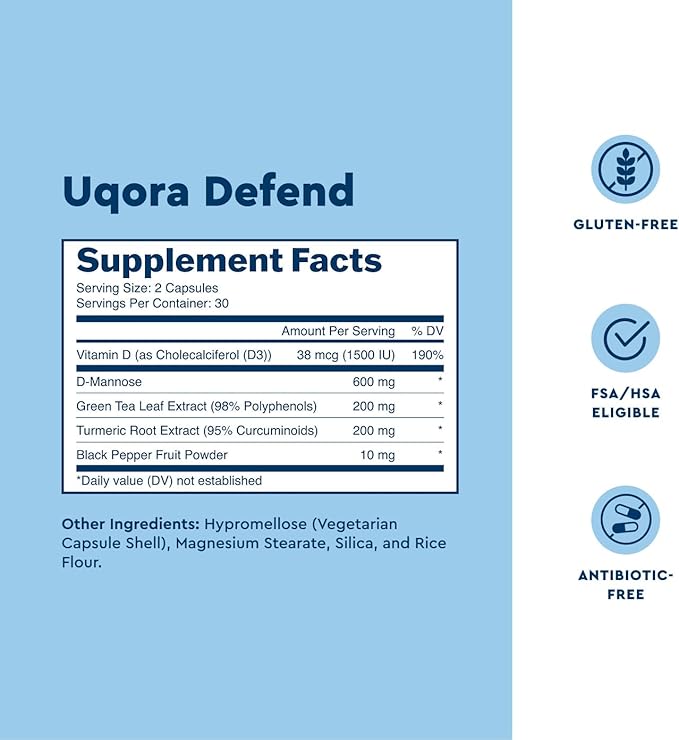 Uqora Defend - Urinary Tract Health Supplement - Support Bladder Health &amp Cleanse Biofilm with D-Mannose Green Tea Extract Turmeric Extract &amp More - Gluten-Free- 60 Capsules- 2 Pack (60-Day