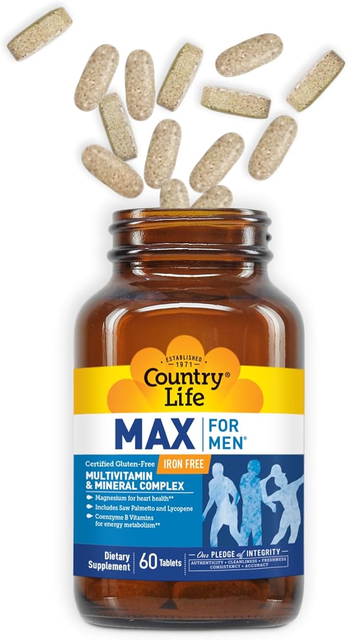 Country Life Max for Men Multivitamin &amp Mineral complex Iron-Free Vegetarian Tablets 60 Count Certified Gluten Free Certified Vegetarian