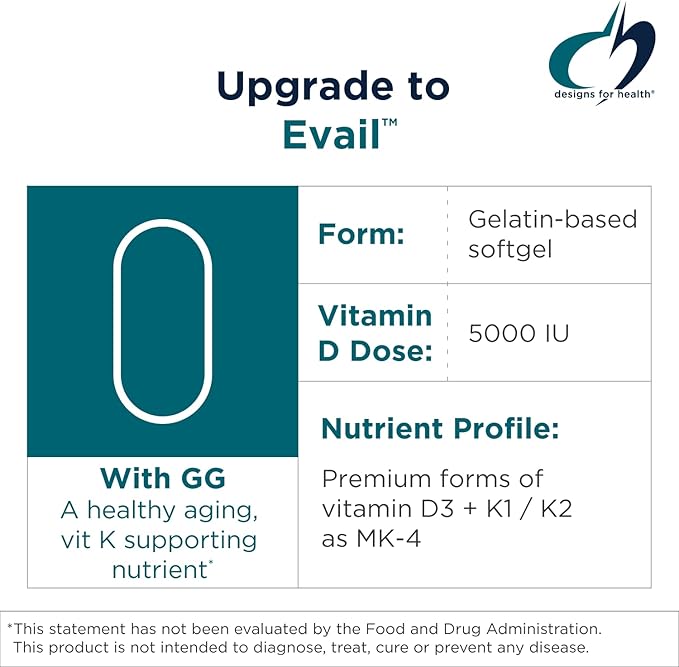 Designs for Health D-Evail Supreme - 5000 IU Vitamin D3 Supplement with VIT K (K1 K2 as MK-4) + GG - Bone Cardiovascular + Immune Support - Improved Bioavailability (60 Softgels)