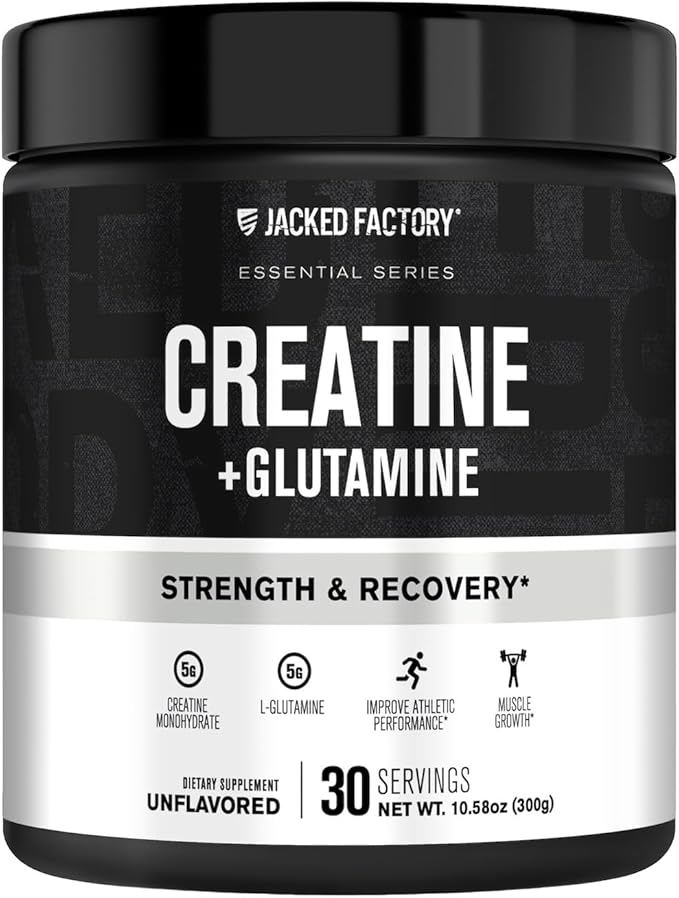 Jacked Factory Creatine + Glutamine - Creatine Supplement with L-Glutamine for Muscle Recovery Muscle Growth Increased Strength Enhanced Energy Output and Gut Health - 30 Servings Unflavored