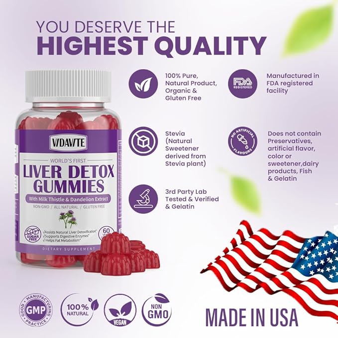 Liver Cleanse Detox &amp Repair Gummies — Sugar-free US-Made 1500mg Milk Thistle Supplement with Artichoke Dandelion and 20+ Herbs — Liver Support Supplement for Men &amp Women(60 Vegan Gummies)
