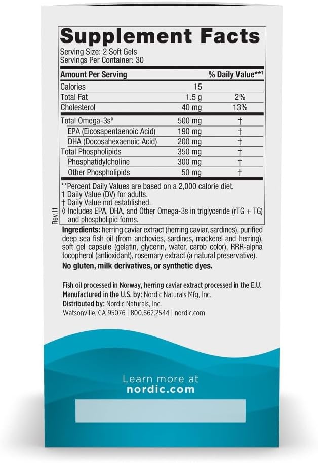 Nordic Naturals Omega-3 Phospholipids Unflavored - 60 Soft Gels - 500 mg Omega-3 &amp 350 mg Phospholipids - Heart &amp Brain Health - Small Easy-to-Swallow Soft Gels - Non-GMO - 30 Servings