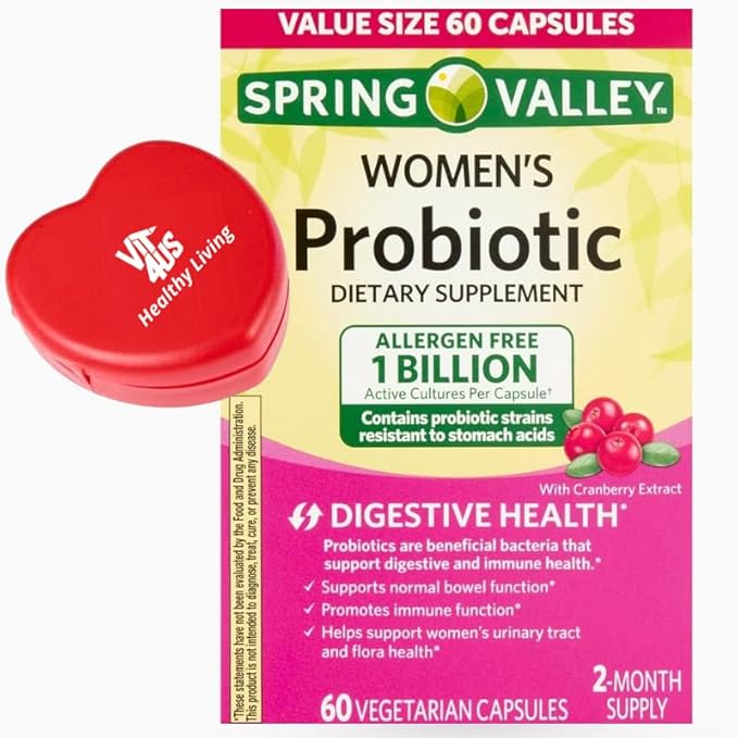 Spring Valley Women's Probiotic Dietary Supplement Vegetarian Capsules for Digestive Health Cranberry 60 Count Value Size + ViT4 Pill Box.