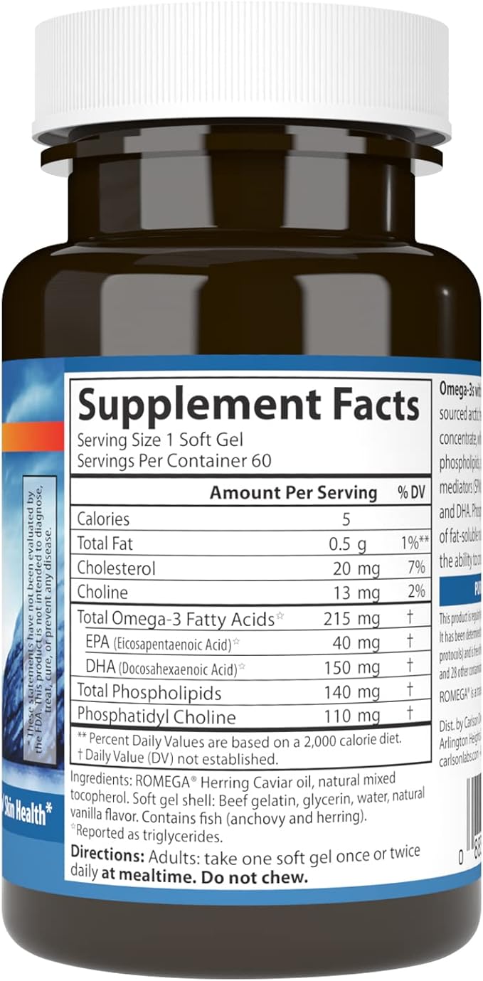 Carlson - Omega-3s with SPMs Phospholipid Omega-3s Pro-Resolving Mediators (PRMs) Healthy Brain Aging Cellular Support 60 Soft Gels