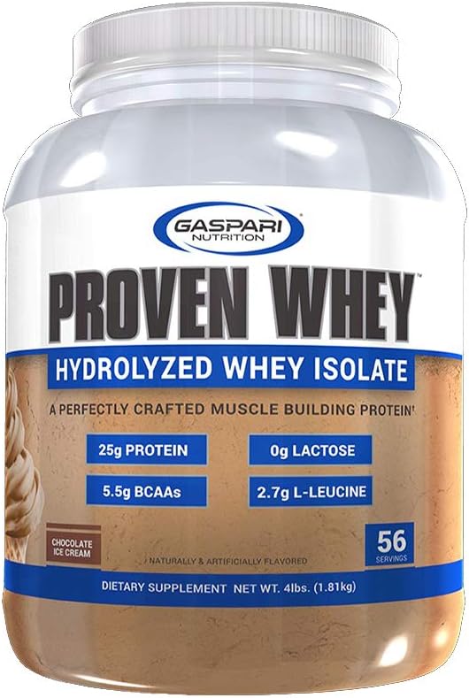 Gaspari Nutrition Proven Whey 100% Hydrolyzed Whey Isolate High Protein Lactose Free Low Carbohydrate and Low Sugar (4lb Chocolate Ice Cream)