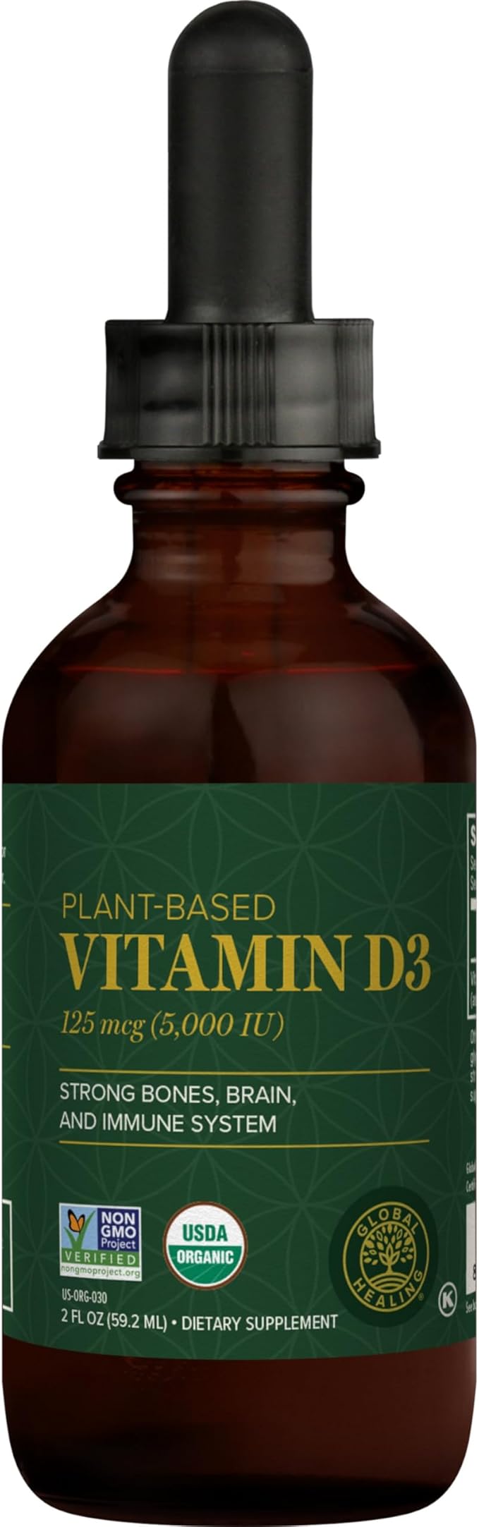 Global Healing Organic Vitamin D3 5000 IU Supplement - Vegan Vitamin D Supplements for Immune Health &amp Strong Bones Support - Pure D3 Vitamin 5000 IU Ingredients Vit D3 - 2 Fl Oz
