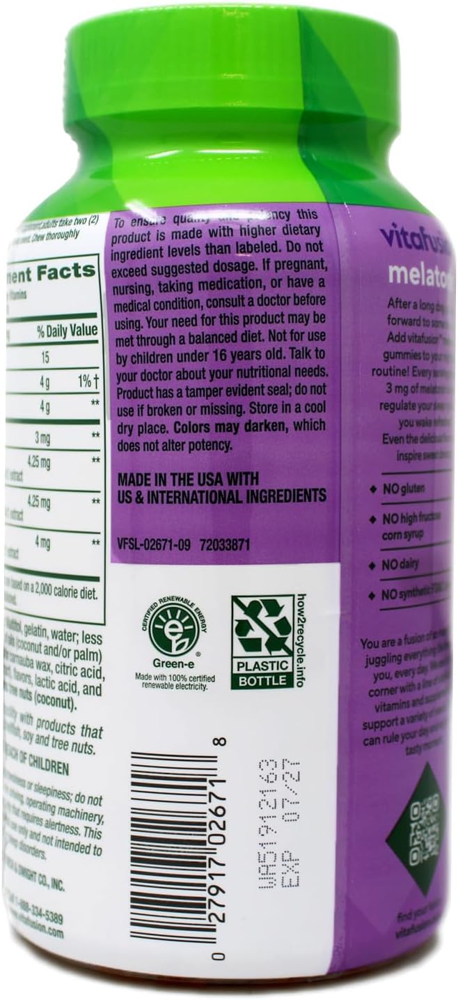 Vitafusion 3 mg Melatonin Gummy Supplement Awake Refreshed Sleep Support &amp Jet Lag Aid Sugar-Free Dietary Supplement Natural White Tea &amp Peach Flavors 140 Count (Pack of 2)