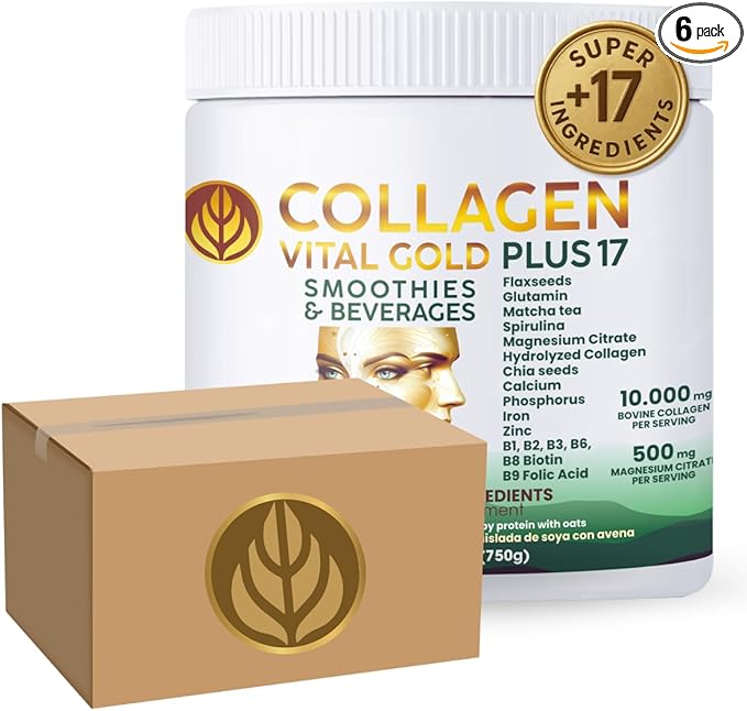 Vital Life Collagen Peptides Powder +17 Super Ingredients 1.6 lb (Pack of 6) Mint &amp Lemon Flavor Supports Hair Skin Nails Bones Joints &amp Digestive Health Collagen for Women &amp Men.