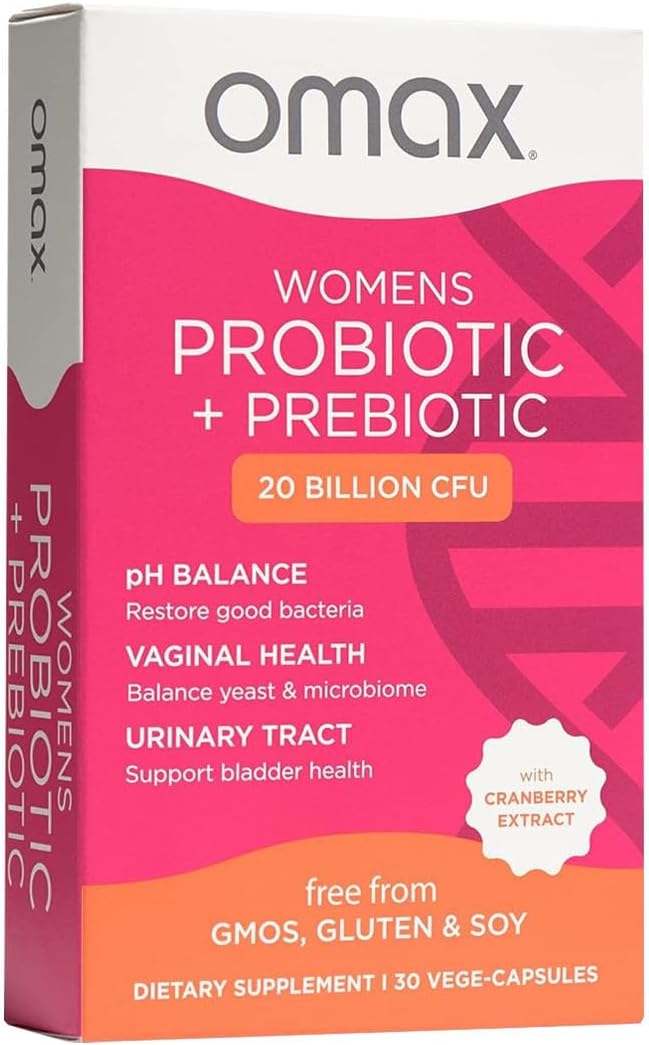 Omax Health Prebiotics and Probiotics Complex for Women pH Balance Vag Health Urinary Tract Yeast &amp BV Prevention Lactobacillus &amp Bifidobacterium | Vegan Organic Gluten Free | 30 Vege-C