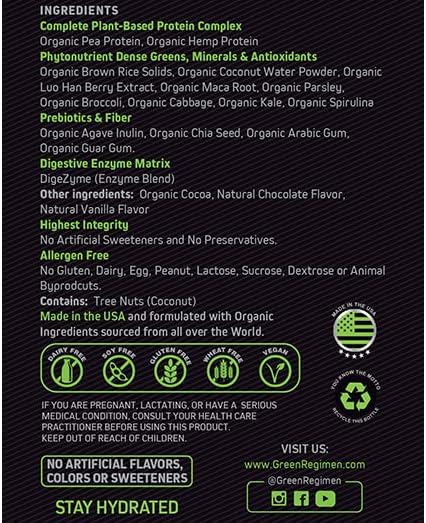 Green Regimen Elite Plant-Based Powder - 25g Complete Hemp &amp Pea Protein Meal Replacement High-Protein Vegan Shake NonGMO Gluten-Free Dairy-Free Low Carb - (Chocolate - 1 Month Supply)