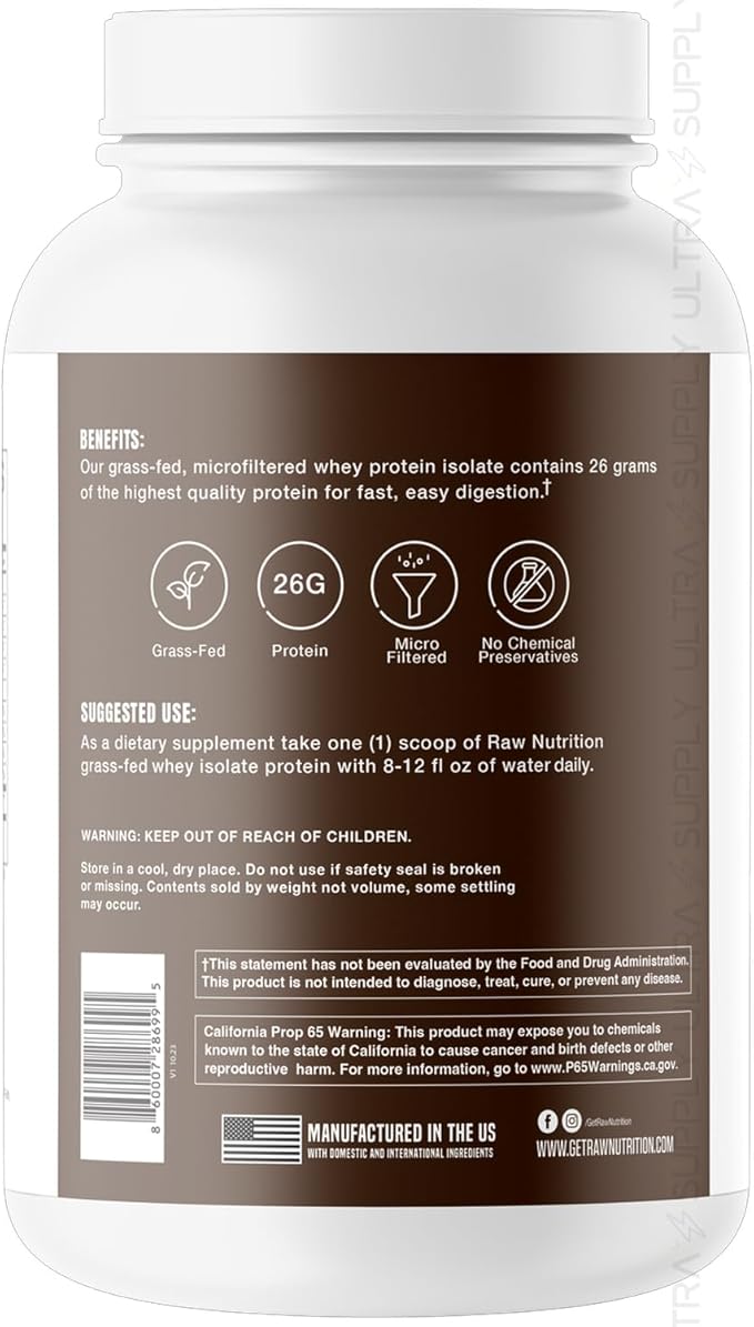 RAW 25g Grass-Fed Whey Isolate Protein Powder Dark Chocolate Flavor 25 Servings