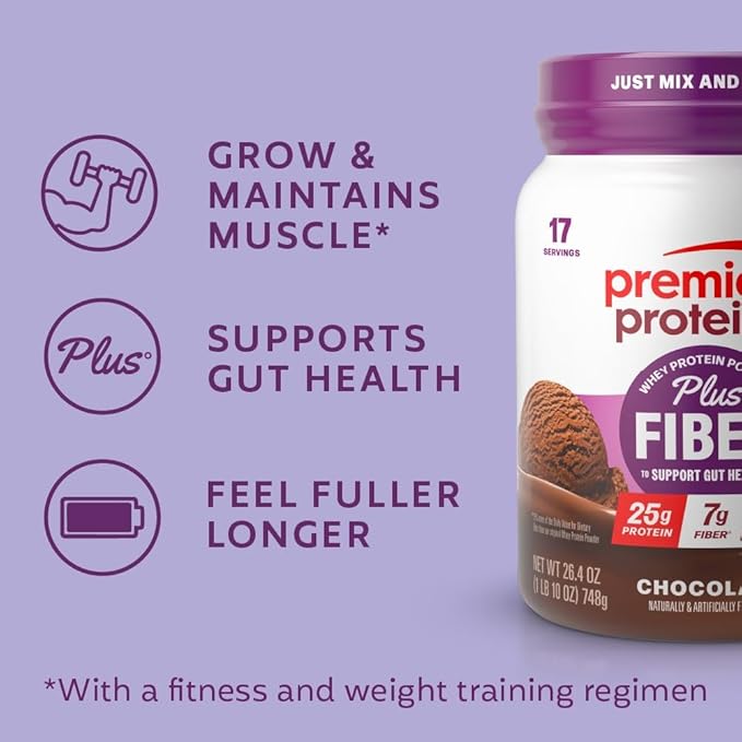 Premier Protein Powder Plus Fiber Chocolate 25g Protein 7g Fiber to Support Gut Health No Added Sugar (17 Servings)