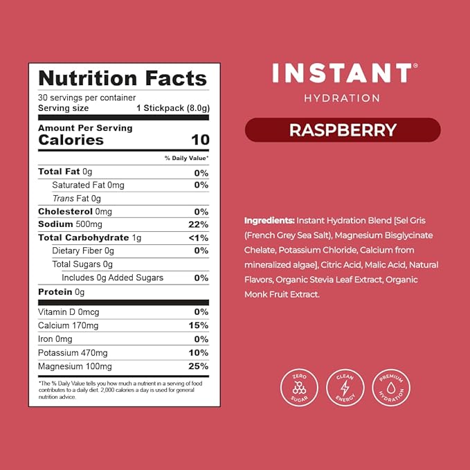 Instant Hydration Electrolytes Powder Packets - Raspberry Electrolyte Drink Mix - Zero Sugar - Keto Vegan Gluten-Free Non-GMO - Boost Recovery Brain Health Muscle &amp Tissue Support- 30 Sticks