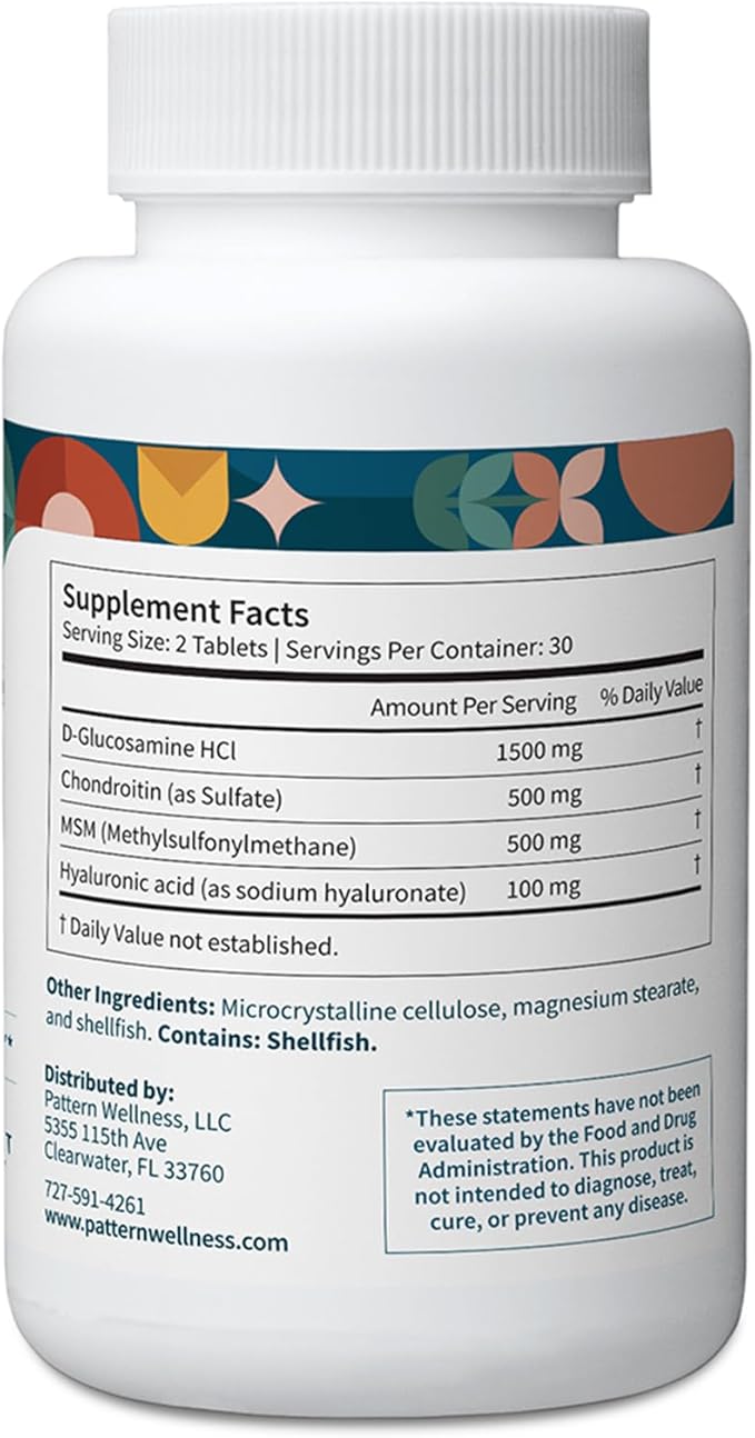 Pattern Wellness Glucosamine Chondroitin Complex with MSM &amp Hyaluronic Acid – Supports Joint Cartilage &amp Flexibility Health – 60 Tablets