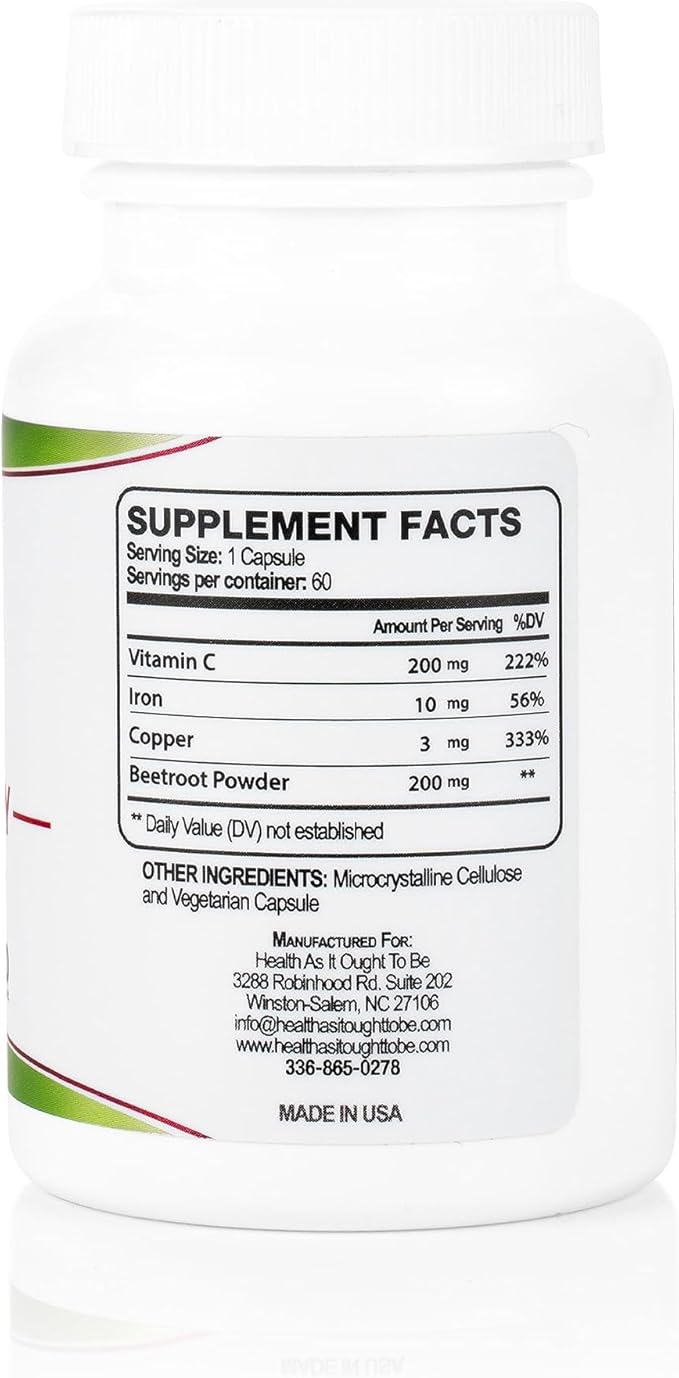 Health As It Ought To Be Iron Syn3rgy Supplement | Physician Formulated Capsules with Iron Copper Beet Root Vitamin C | 60 Capsules