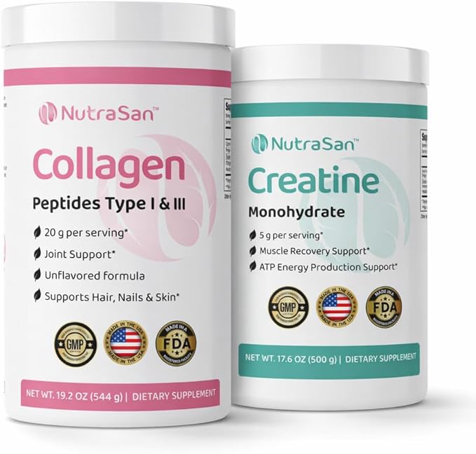 Creatine Monohydrate Powder &amp Collagen Peptides Bundle - Micronized Creatine 5g Serving with Hydrolyzed Type I &amp III Collagen Protein Powder 20g for Fitness &amp Daily Wellness