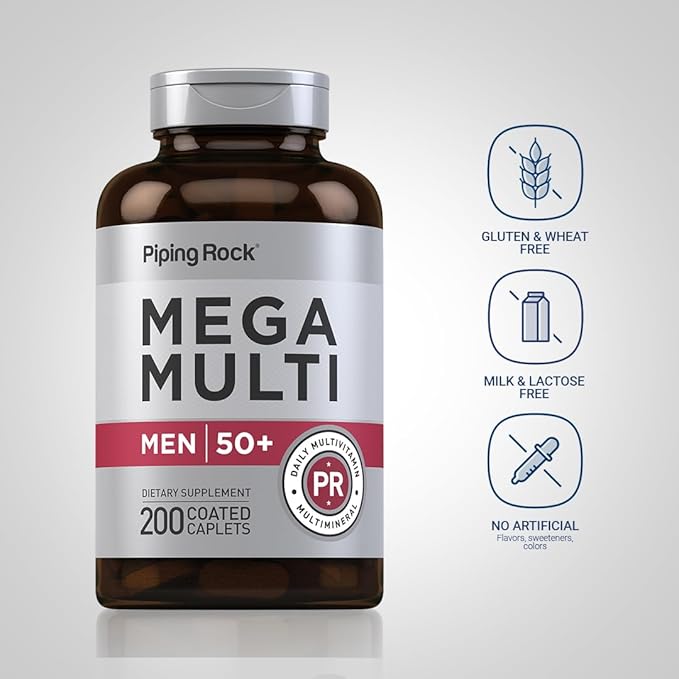 Piping Rock Multivitamin for Men Over 50+ | 200 Caplets | Mega 50 Plus Daily Multimineral | with Magnesium Calcium Zinc | Non-GMO Gluten Free Supplement