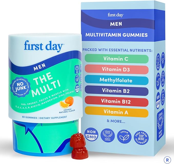 FIRST DAY Multivitamin for Men + Organic Fruit &amp Veggie Blend Mens Multivitamins Gummies with 13 Key Nutrients for Energy Focus Immunity - Vitamins A B1 B2 B6 B9 B12 C D3 K - 30 Day Sup