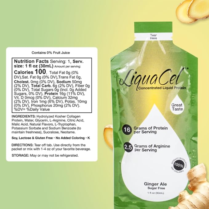 LiquaCel Concentrated Liquid Protein Ginger-Ale Flavor 16g Hydrolyzed Collagen Protein and 2.5g Arginine Per Single-Serving Packet Sugar &amp Gluten Free 1fl oz Packets 100ct Case