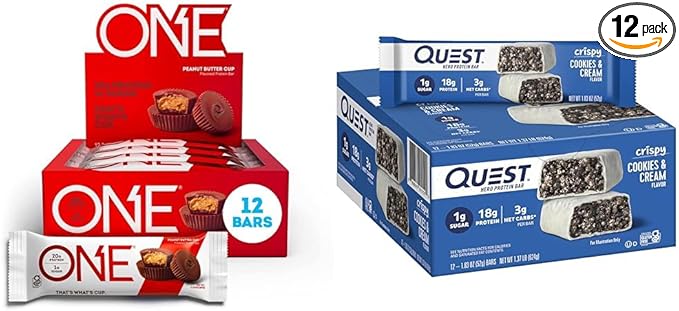ONE Protein Bars with 20g Protein 12 Count and Quest Hero Protein Bars Cookies &amp Cream 18g Protein 12 Count