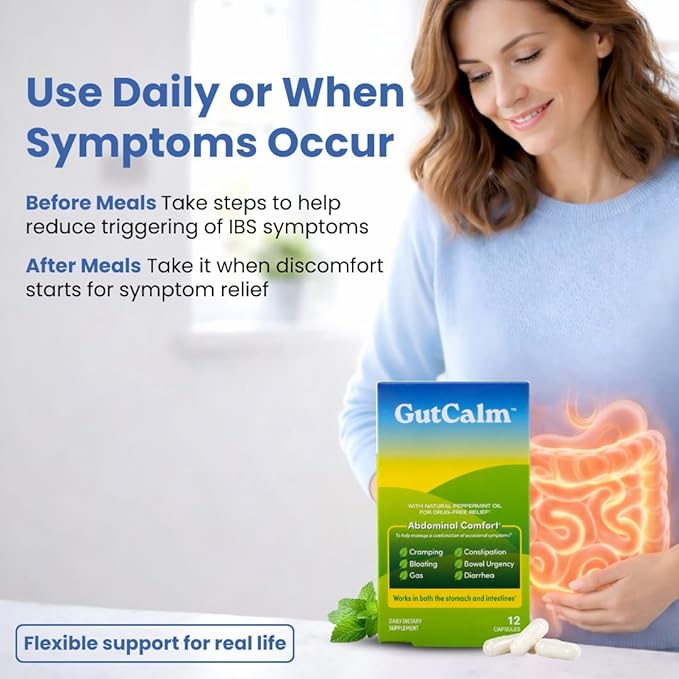 GutCalm - IBS Relief - Peppermint Oil Capsules - Bloating Gas Constipation and Digestive Comfort Supplement - 48 Capsule Bundle - 96/ct