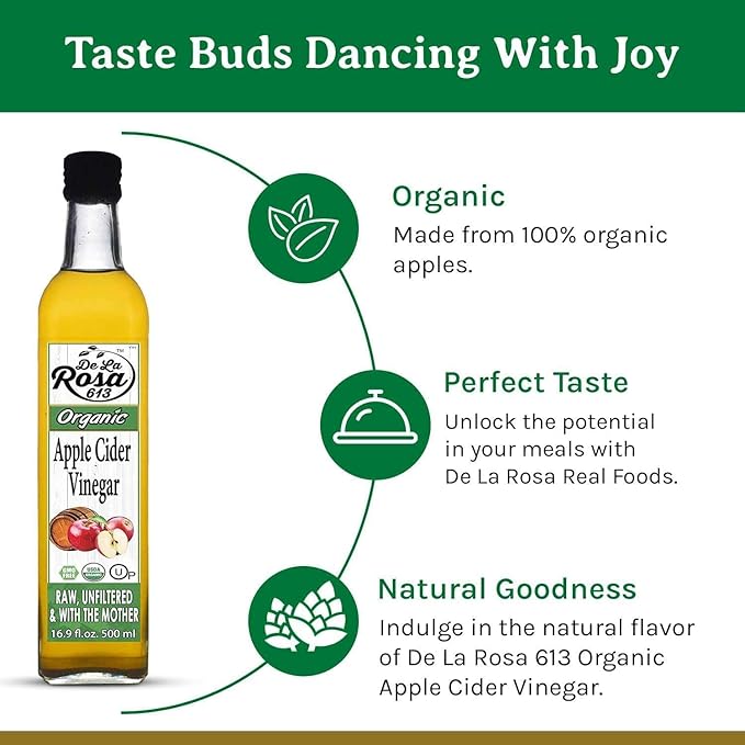 De La Rosa Organic Apple Cider Vinegar Raw &amp Unfiltered with The Mother Kosher for Passover Vegan &amp Gluten-Free Perfect for Salad Dressings &amp Marinades 16.9 oz (Single Bottle)