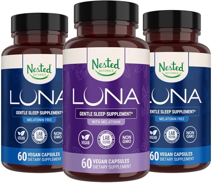 Nested Naturals Luna Melatonin-Free (120 Vegan Capsules) &amp Luna Natural Sleep Aid with Melatonin (60 Vegan Capsules) for Deep Sleep | Non-Habit Forming