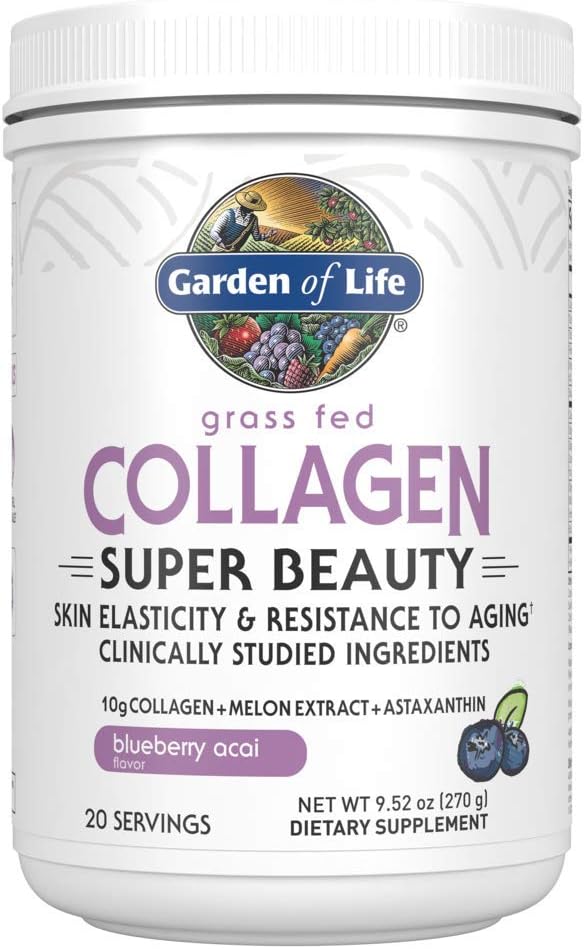 Garden of Life Grass Fed Collagen Powder Blueberry Acai Hydrolyzed Collagen Peptides Powder Supplement Drink Mix 20 Servings