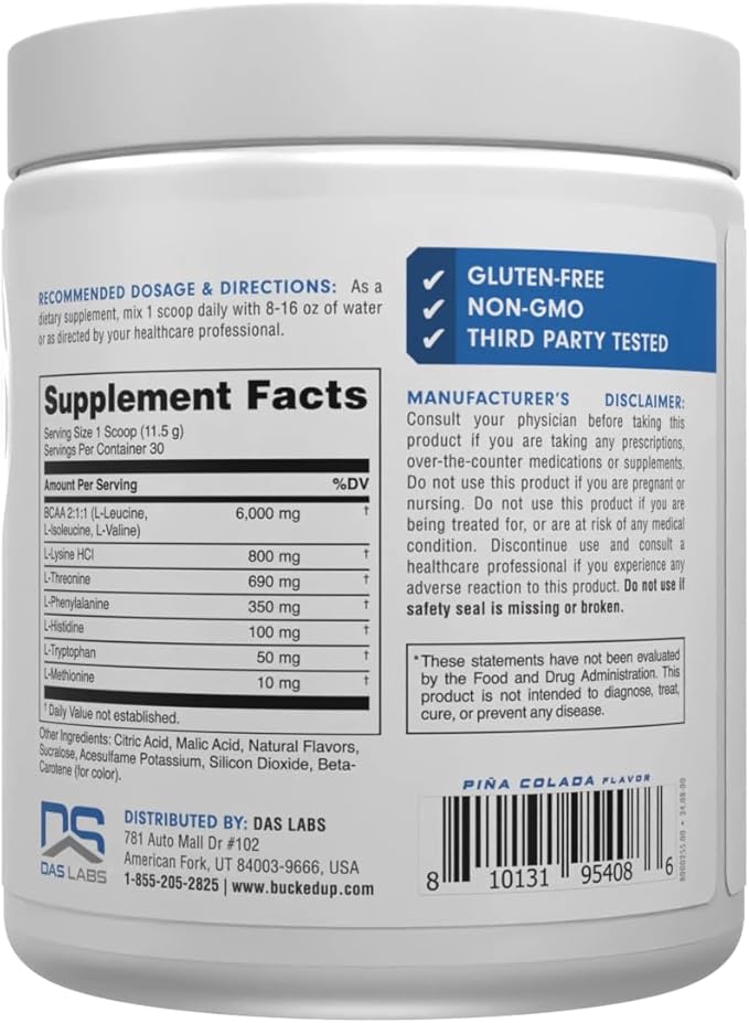 Bucked Up Essential Amino Acids - EAA Powder - Easy Mix Non Clumping Formula - for Pre/Intra Workout - Pina Colada Flavor - 30 Servings - 11.6 oz