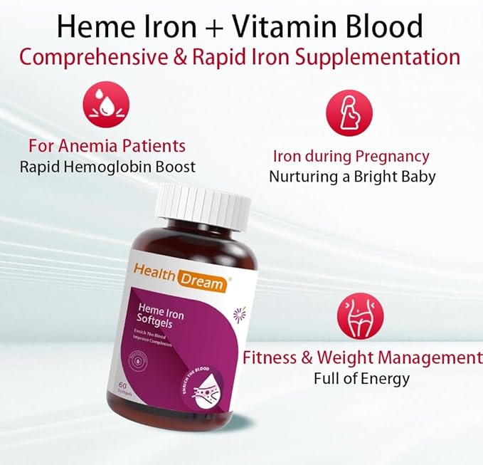Healthdream Iron Soft CapsulesSupplements for WomenIron with B12B6VCFolateSupport Nourish Blood and HealthyNon-GMOGluten Free-60Pieces
