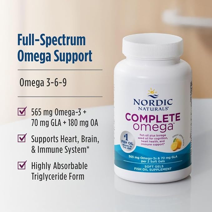 Nordic Naturals Complete Omega Lemon Flavor - 120 Soft Gels - 565 mg Omega-3 - EPA &amp DHA with Added GLA - Healthy Skin Cognition Positive Mood - Non-GMO - 60 Servings