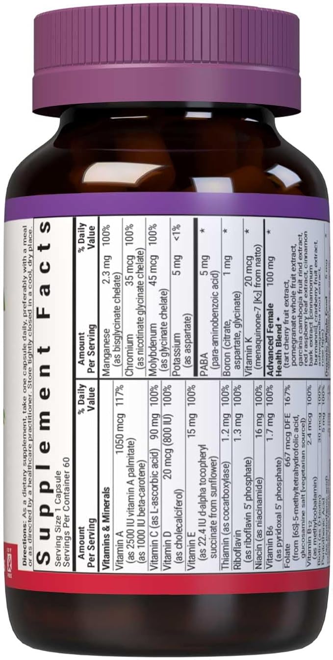 BlueBonnet Nutrition Ladies One Vegetable Capsule Whole Food Multiple K2 Organic Vegetable Energy Vitality Non-GMO Gluten Free Soy Free Milk Free Kosher 60 Vegetable Capsule 2 Month Supply