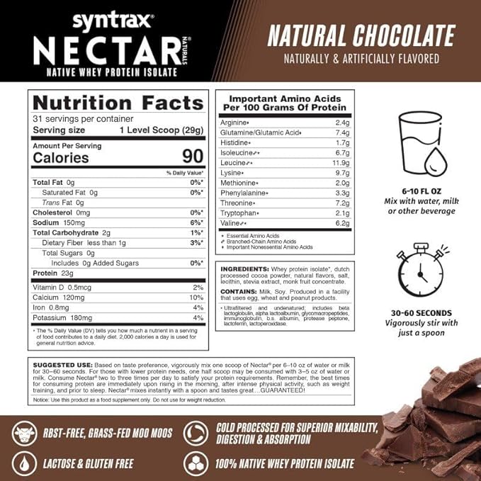 Syntrax Nectar Naturals All Natural Whey Protein Isolate Smooth &amp Creamy Natural Chocolate 2 lbs.