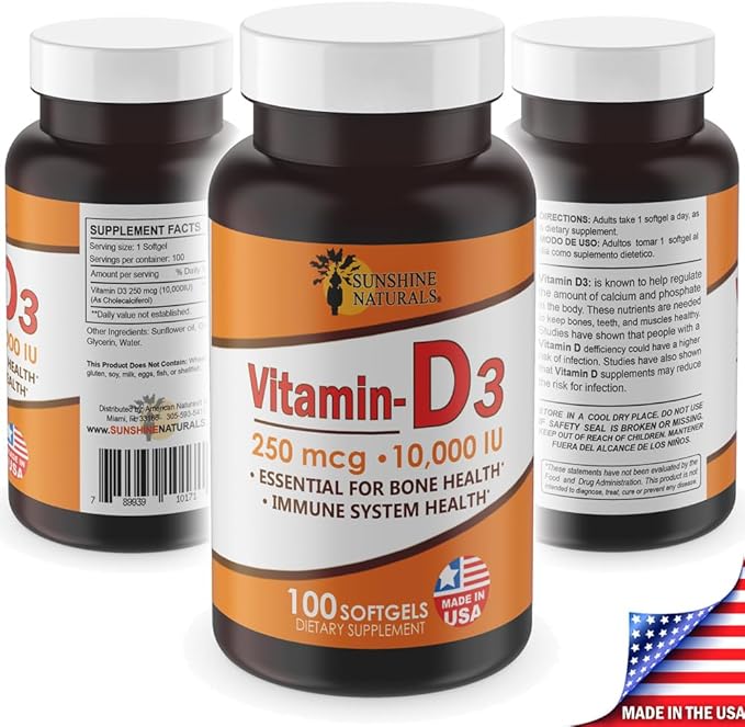 Sunshine Naturals Vitamin D3 Dietary Supplement. High Strength for Immune System Support Bone Health Mood Boost and Muscle Function. 250mcg. 100 Gels. Pack of 2