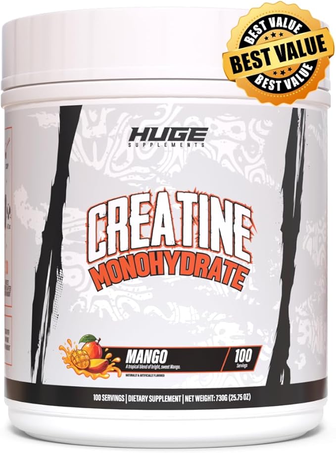 Huge Supplements Flavored Creatine Monohydrate Powder - Mango Flavor 500 Grams Third Party Tested Micronized for Optimal Absorption 5 Grams Per Scoop Delicious &amp Easy Mixability (100 Servings