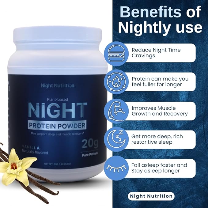 Night Time Protein Powder Vanilla Flavored Zero Sugar Low Calorie Artificial Free Promotes Sleep Quality &amp Muscle Recovery