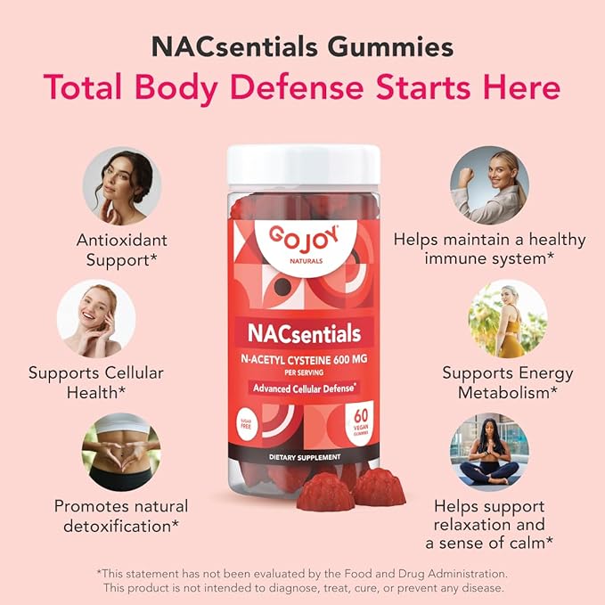 GOJOY 7-in-1 Sugar-Free NAC Gummies – NACsentials 600mg N-Acetyl Cysteine with Vitamin C ALA Quercetin &amp Astaxanthin – Antioxidant &amp Liver Detox Support – Vegan &amp Keto-Friendly – 60 Gumm