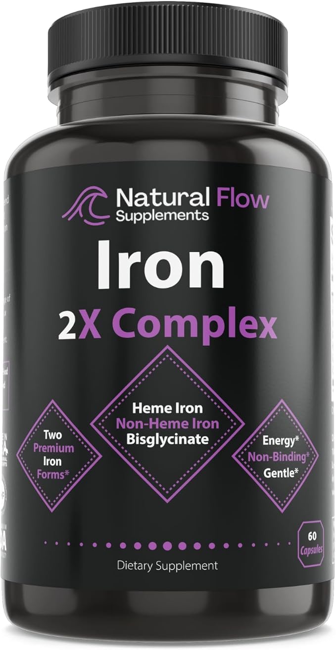 Iron Supplement 2-in-1 Complete Complex - Natural Flow 2X Heme and Chelated Non Heme Iron Bisglycinate Folate B and Vitamin C for Anemia and Blood Building Support Gentle on Stomach 60 Caps (60)