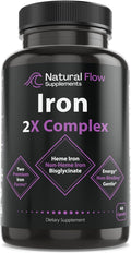 Iron Supplement 2-in-1 Complete Complex - Natural Flow 2X Heme and Chelated Non Heme Iron Bisglycinate Folate B and Vitamin C for Anemia and Blood Building Support Gentle on Stomach 60 Caps (60)