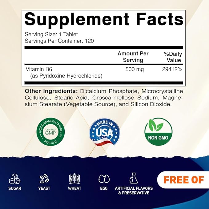 Vitamatic Vitamin B6 (Pyridoxine HCI) 500 mg – 120 Vegetarian Tablets - 2 Pack Promotes Energy Production Boosts Metabolism &amp Immune Health Support