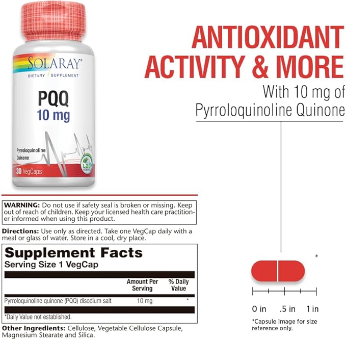 SOLARAY PQQ 10 mg Pyrroloquinoline Quinone Supplement Cellular Heart &amp Cognitive Function Support 30 VegCaps